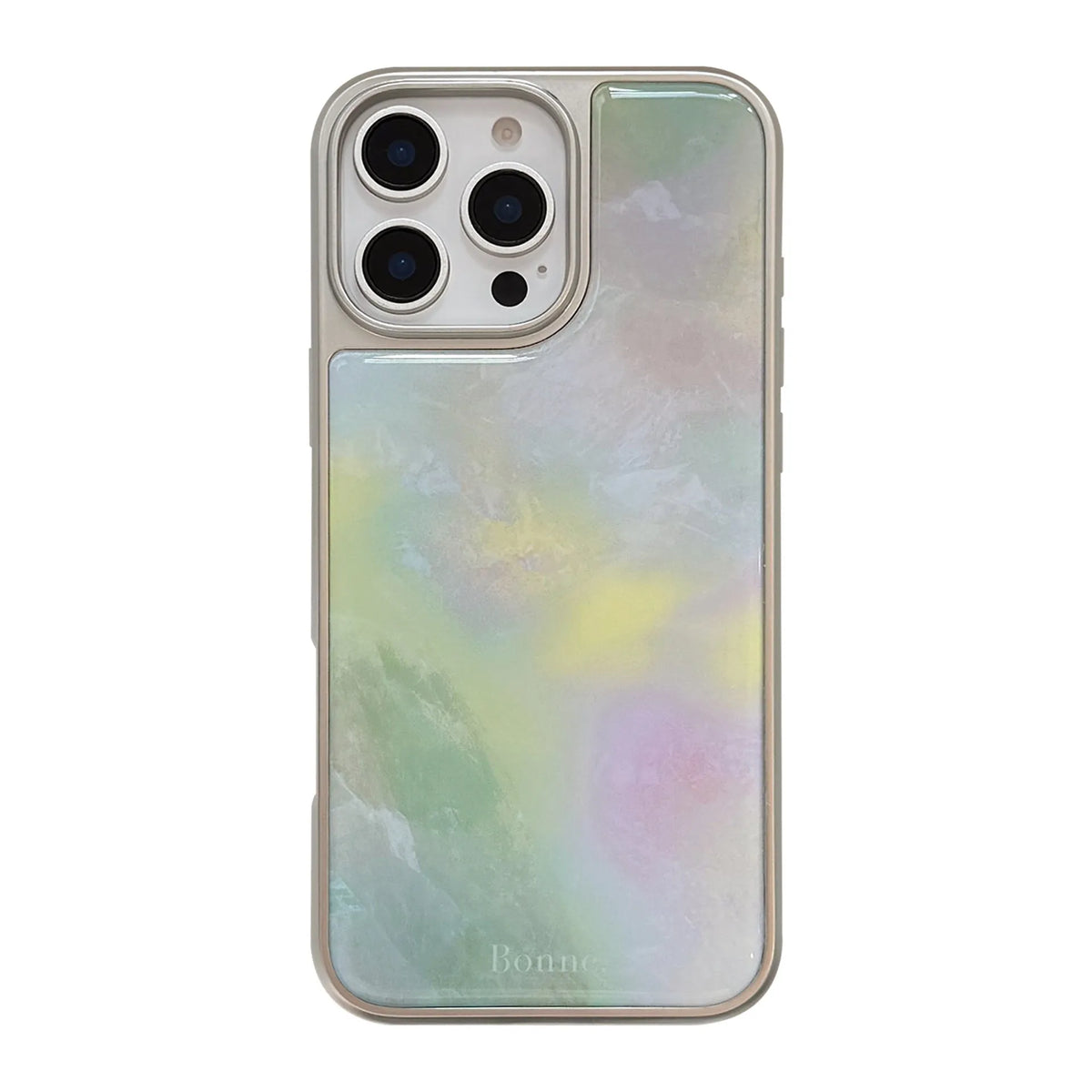 Marbling epoxy phone case with silver edge, green pink marble pattern for iPhone 15 Pro Max