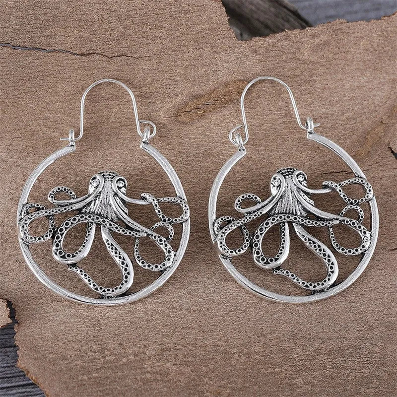 Vintage antique silver octopus earrings with detailed tentacle design on zinc alloy