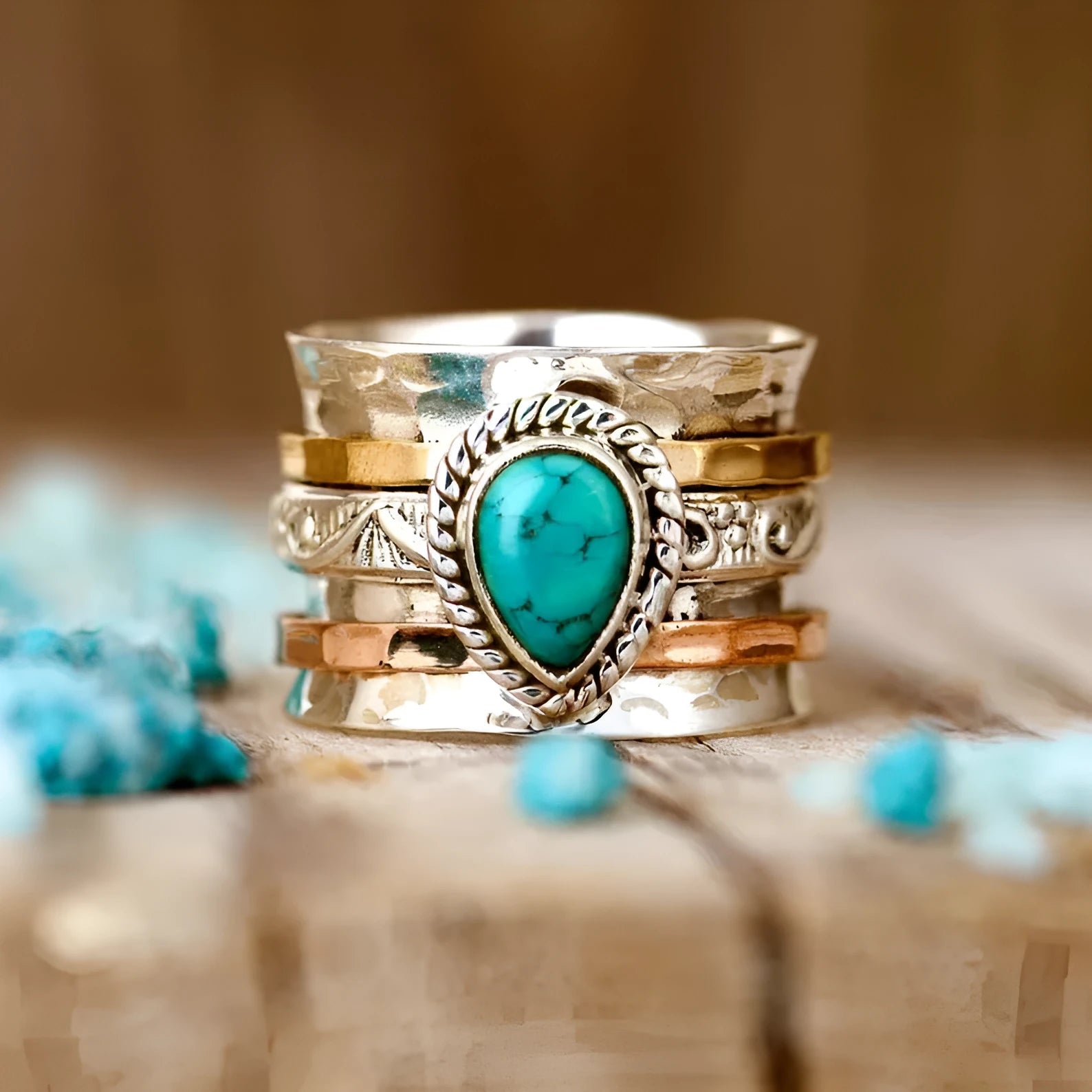 Retro alloy ring with green pine tree design and three-colour antique electroplated finish.
