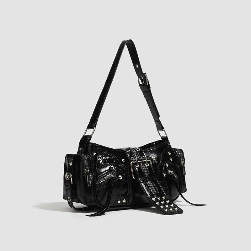 Black dumpling shaped retro shoulder handbag with oil wax PU leather and organisational compartments