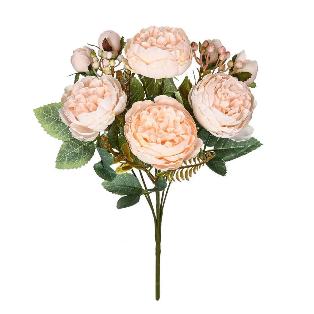 Silk artificial peony bouquet in champagne and sand red colours for home or wedding decoration.