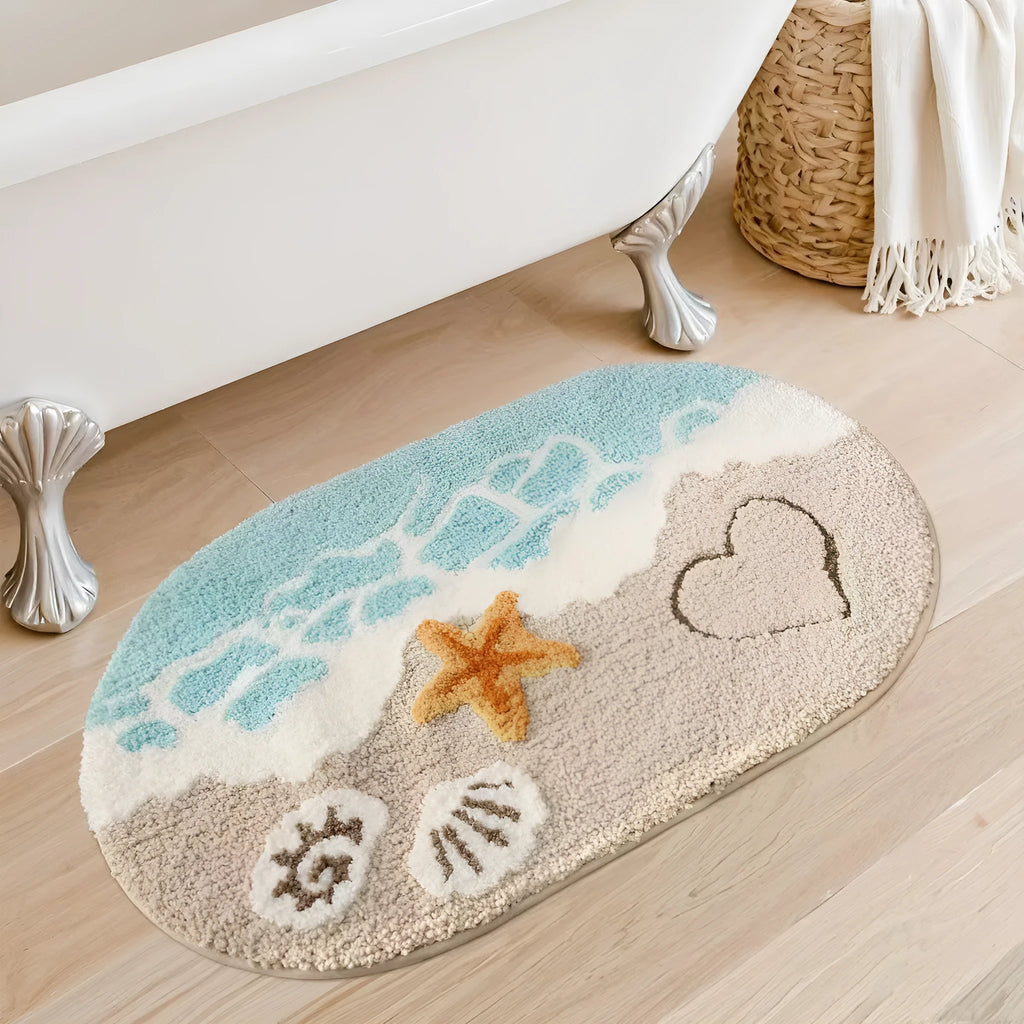 Sky sea rainbow print cashmere carpet floor mat with a plastic bottom.