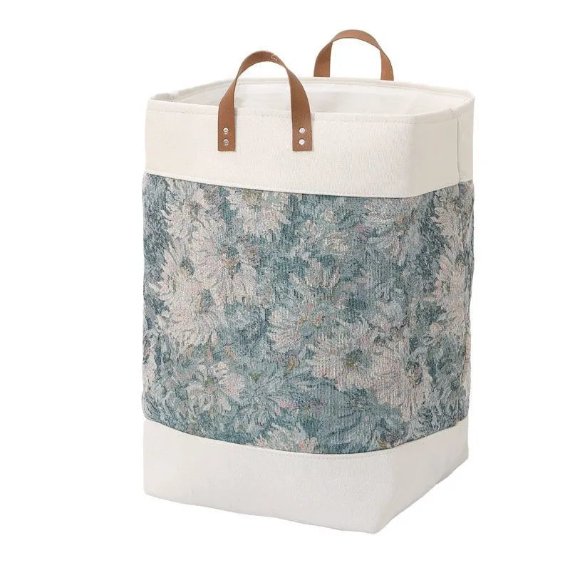 Fabric storage box organiser in a choice of colours including sunflower and ethnic blue, shown with dimensions 35cm x 35cm x 55cm.