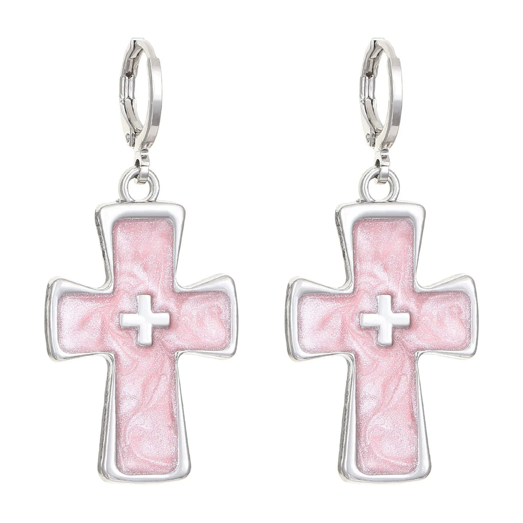 Women's classic alloy earrings with crystal detailing showing cross, heart, and cat designs in neutral white and silver colours