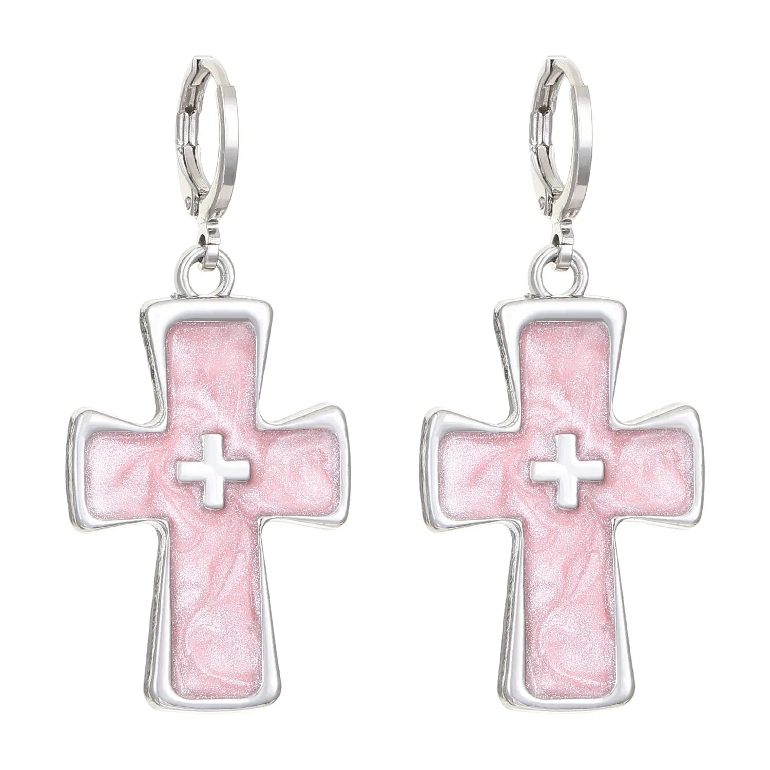 Women's classic alloy earrings with crystal detailing showing cross, heart, and cat designs in neutral white and silver colours