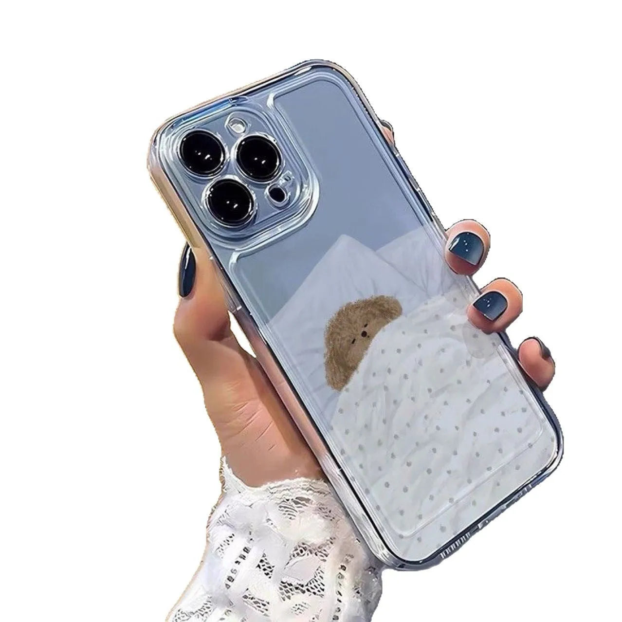 Transparent iPhone case with sleeping cat pattern showing shockproof TPU construction