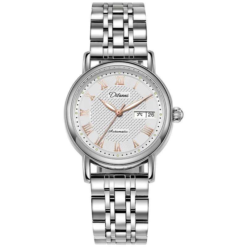 Automatic women's mechanical fashion watch with a 12mm thick case on a steel bracelet.