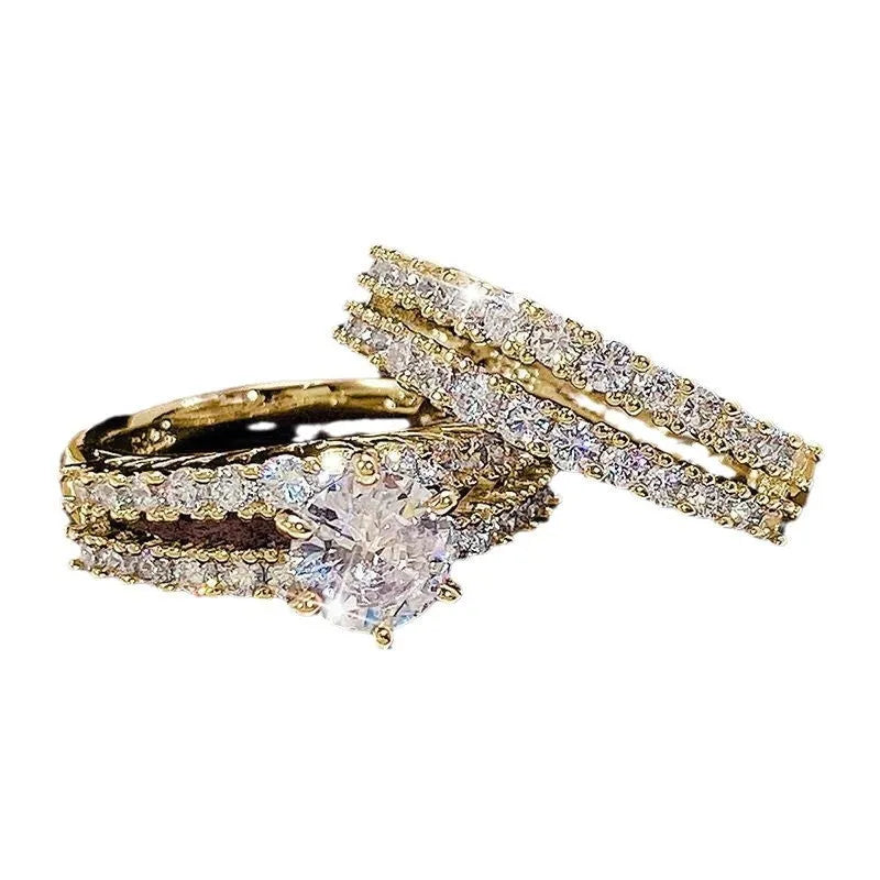 2 in 1 geometric female ring set in gold, rose gold, or silver plating with round design elements