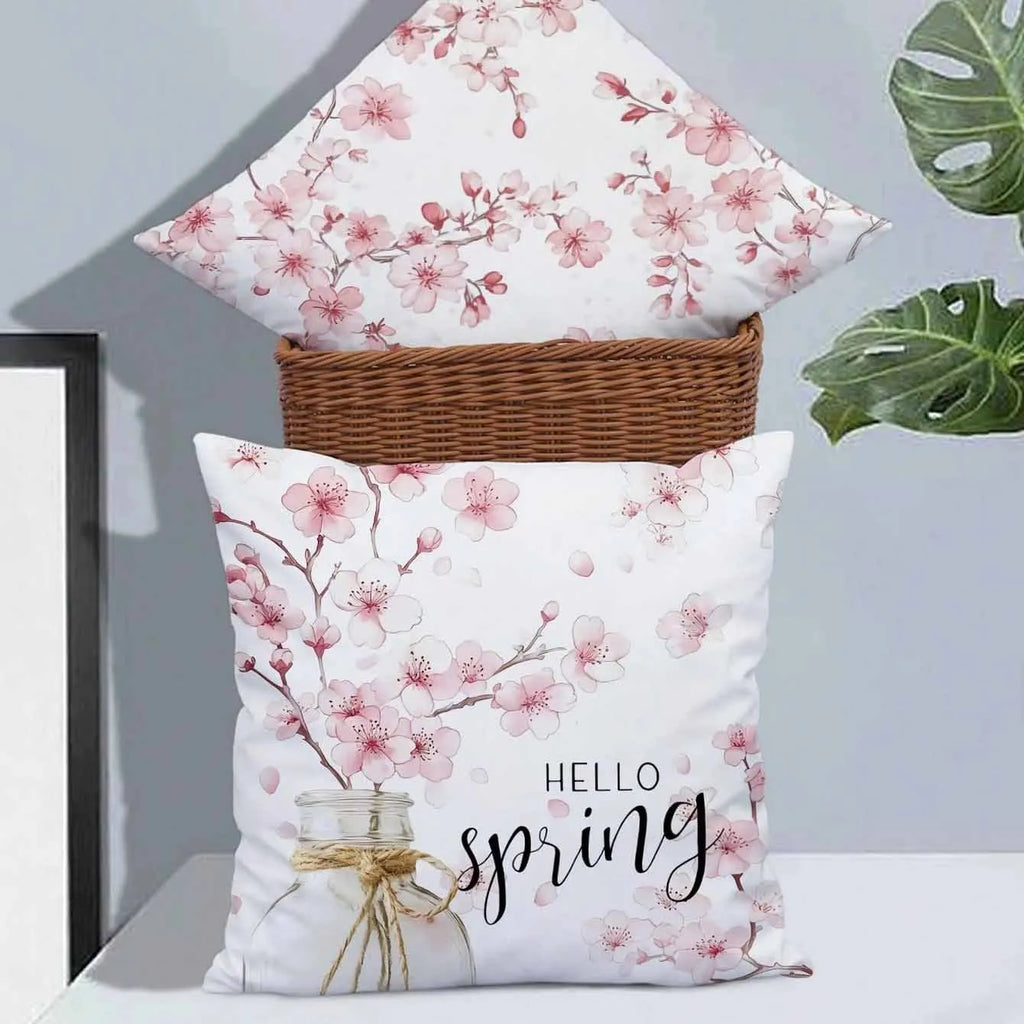 Square short velvet cushion cover with cherry blossom and letter print, 45cm.