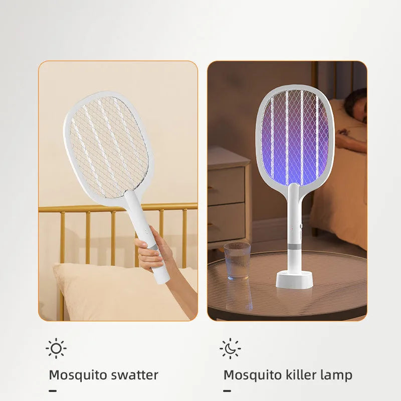 Rechargeable electric mosquito swatter with USB port in blue and purple colour options
