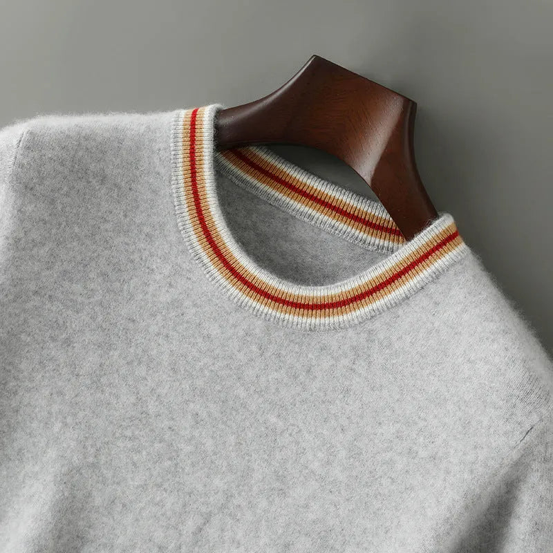 Men's pure wool short sleeve round neck sweater in grey displayed flat