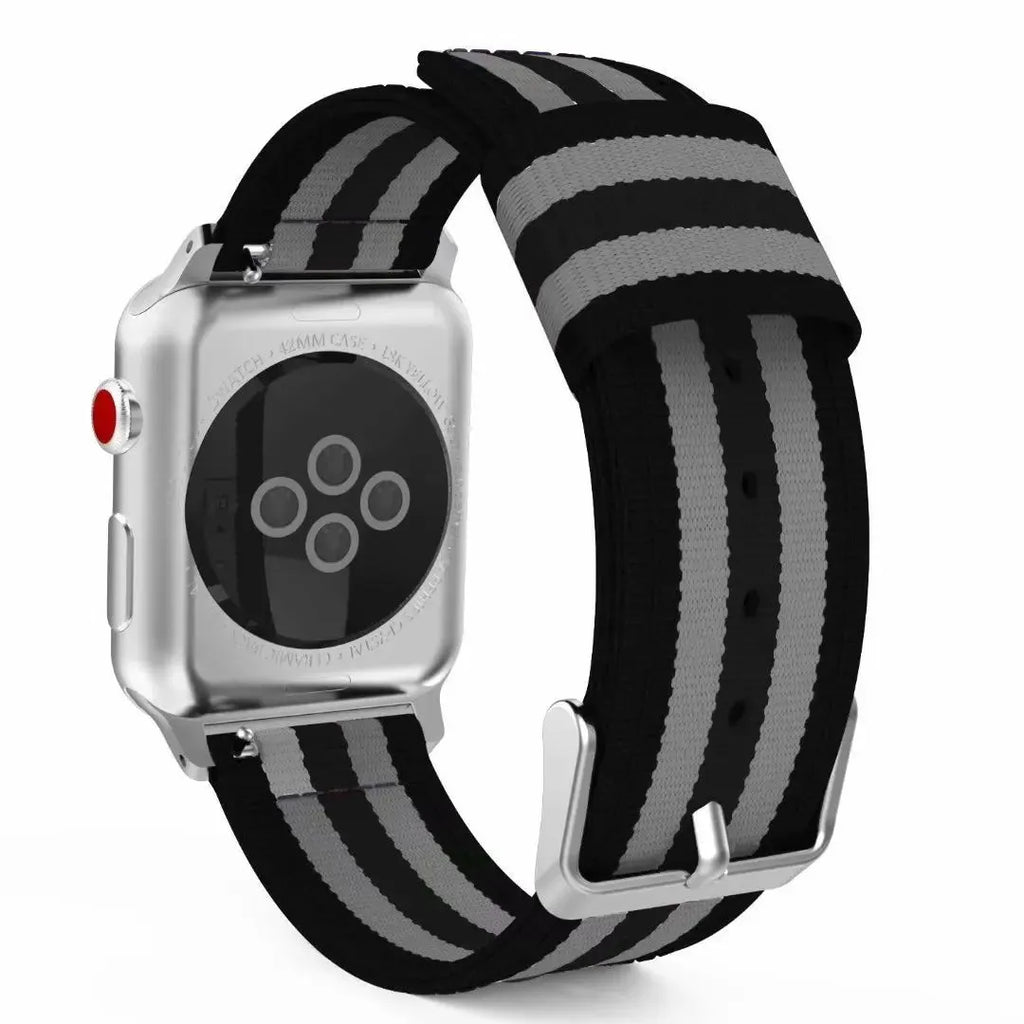 Split nylon canvas watchband in rainbow colour for Apple Watch 44mm on light background