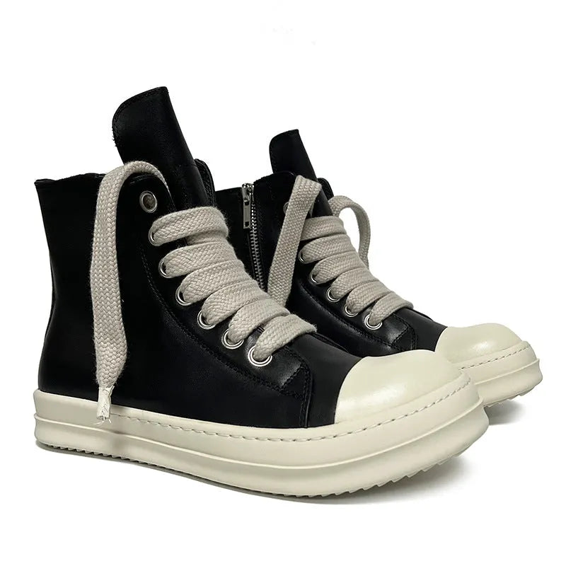 Black genuine leather high-top sneakers with side zipper and platform sole.