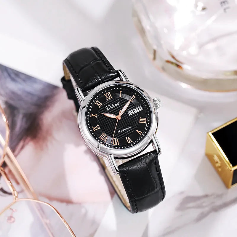 Automatic women's mechanical fashion watch with a 12mm thick case on a steel bracelet.