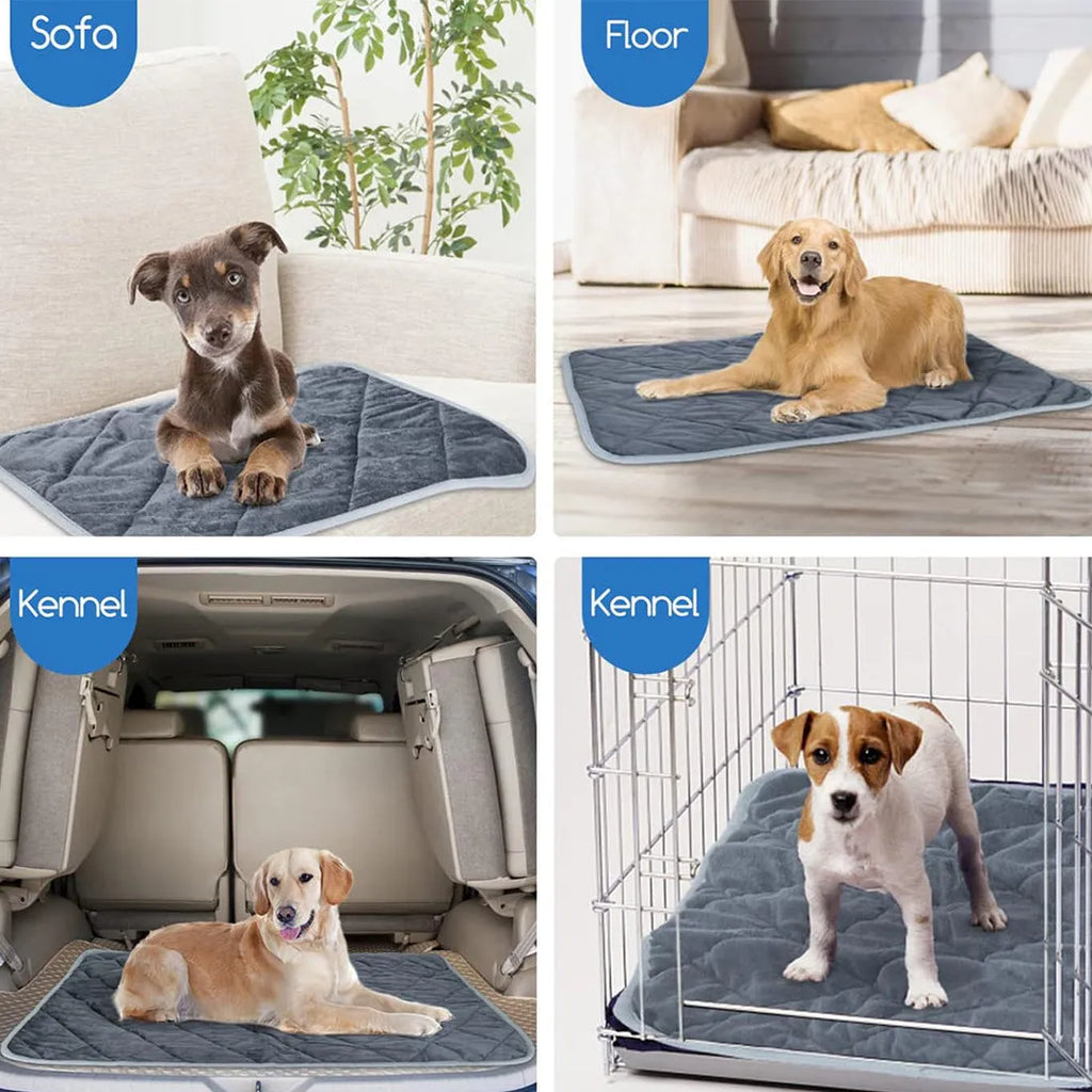 Grey multi-layer cloth pet cushion shown in four different sizes for small to extra-large dogs and cats.