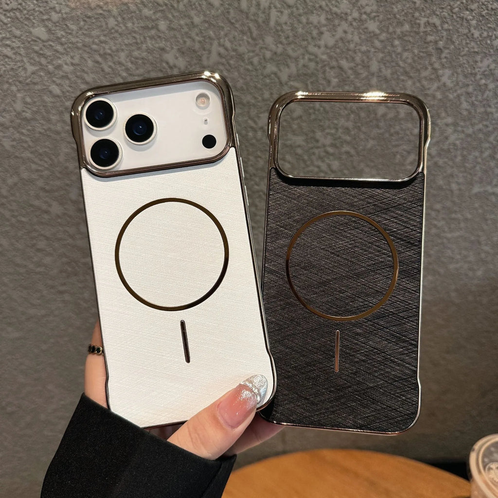 Electroplated silver grey magnetic phone case for iPhone 17 Pro, showing half-pack frameless design and built-in magnet.