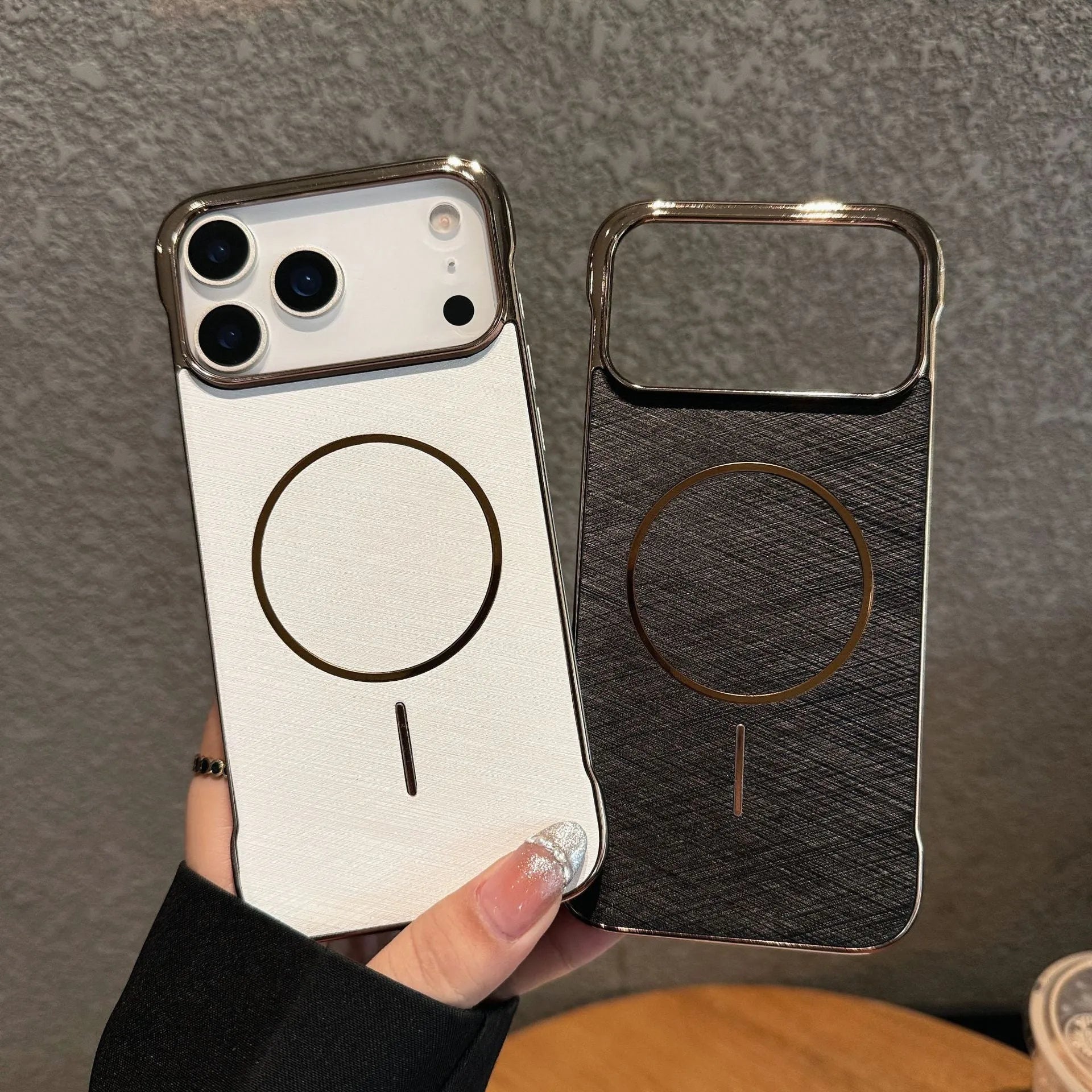 Electroplated silver grey magnetic phone case for iPhone 17 Pro, showing half-pack frameless design and built-in magnet.