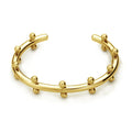 Stainless steel C-shaped bean bead bracelet with textured rivet design in gold and steel colours