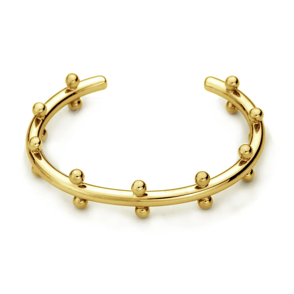Stainless steel C-shaped bean bead bracelet with textured rivet design in gold and steel colours