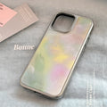 Marbling epoxy phone case with silver edge, green pink marble pattern for iPhone 15 Pro Max