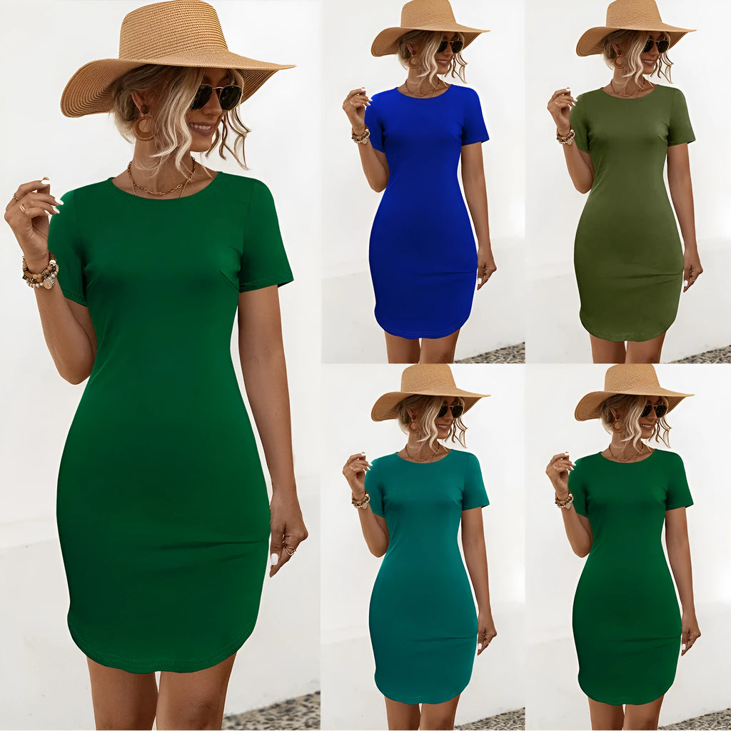 Women's solid colour short sleeve slim dress with a U-shaped hem split in a cotton blend fabric.