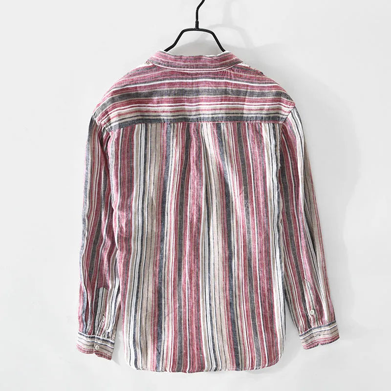 Men's striped linen casual shirt in red or grey with long sleeves and loose fit