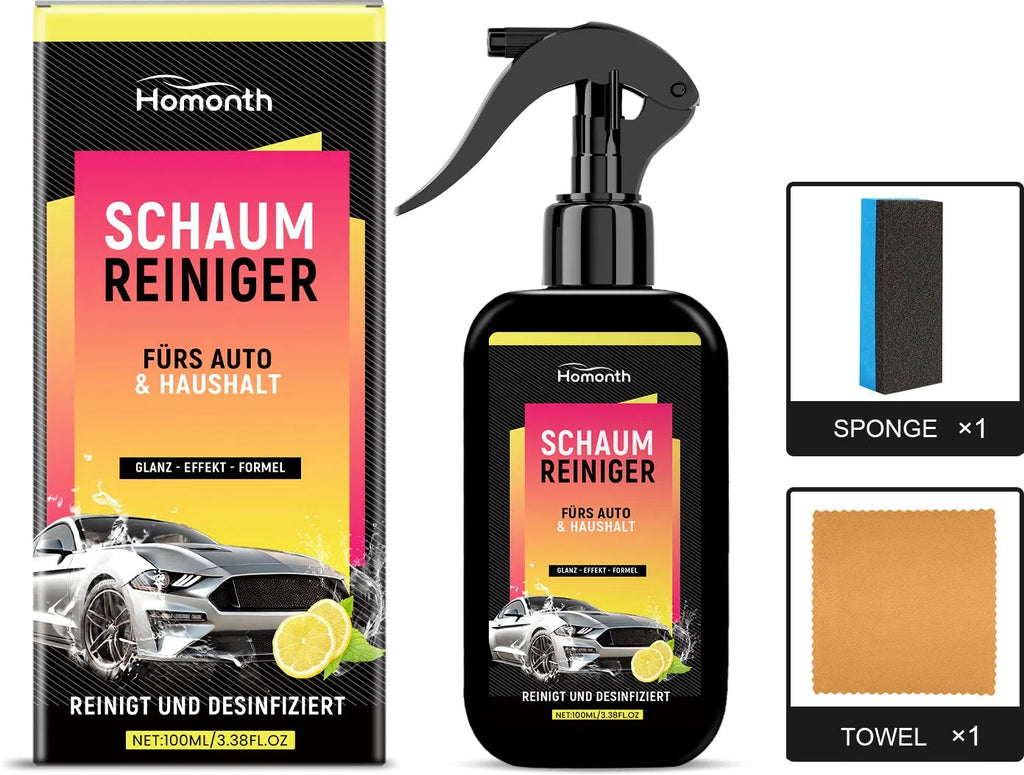 Foam cleaner spray bottle with microfiber towel and cleaning sponge on a table