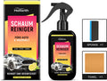 Foam cleaner spray bottle with microfiber towel and cleaning sponge on a table