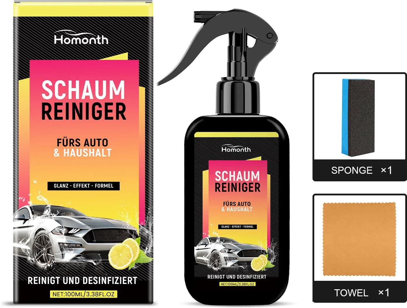 Foam cleaner spray bottle with microfiber towel and cleaning sponge on a table