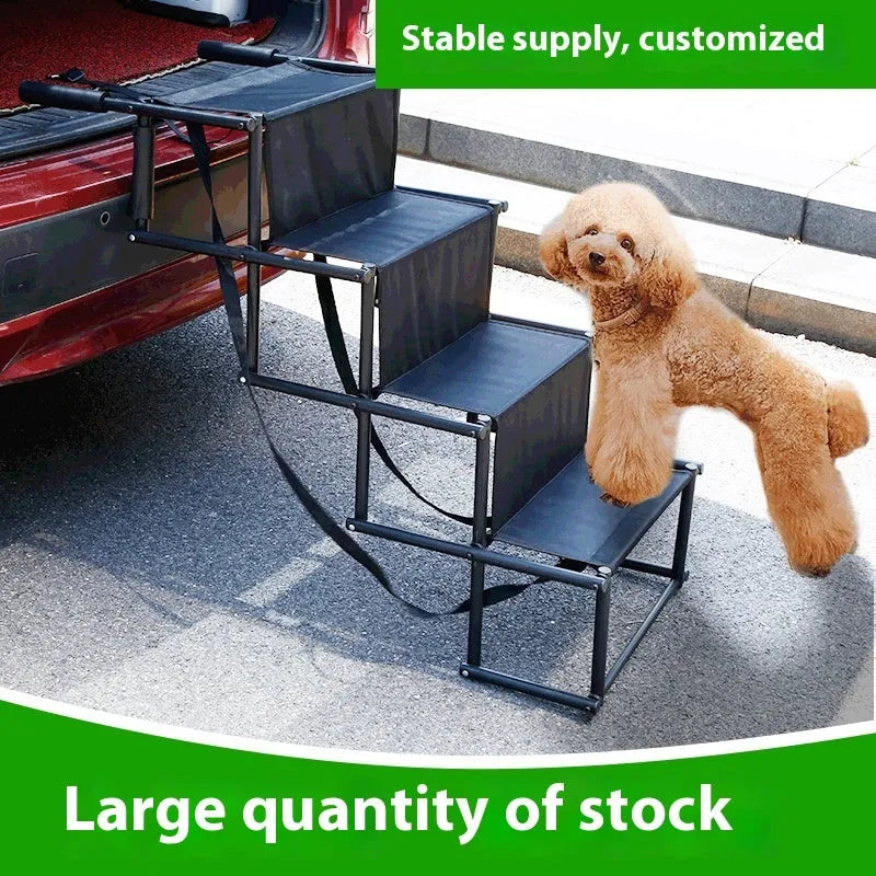 Folding stainless steel dog car ladder in navy blue colour showing extended position