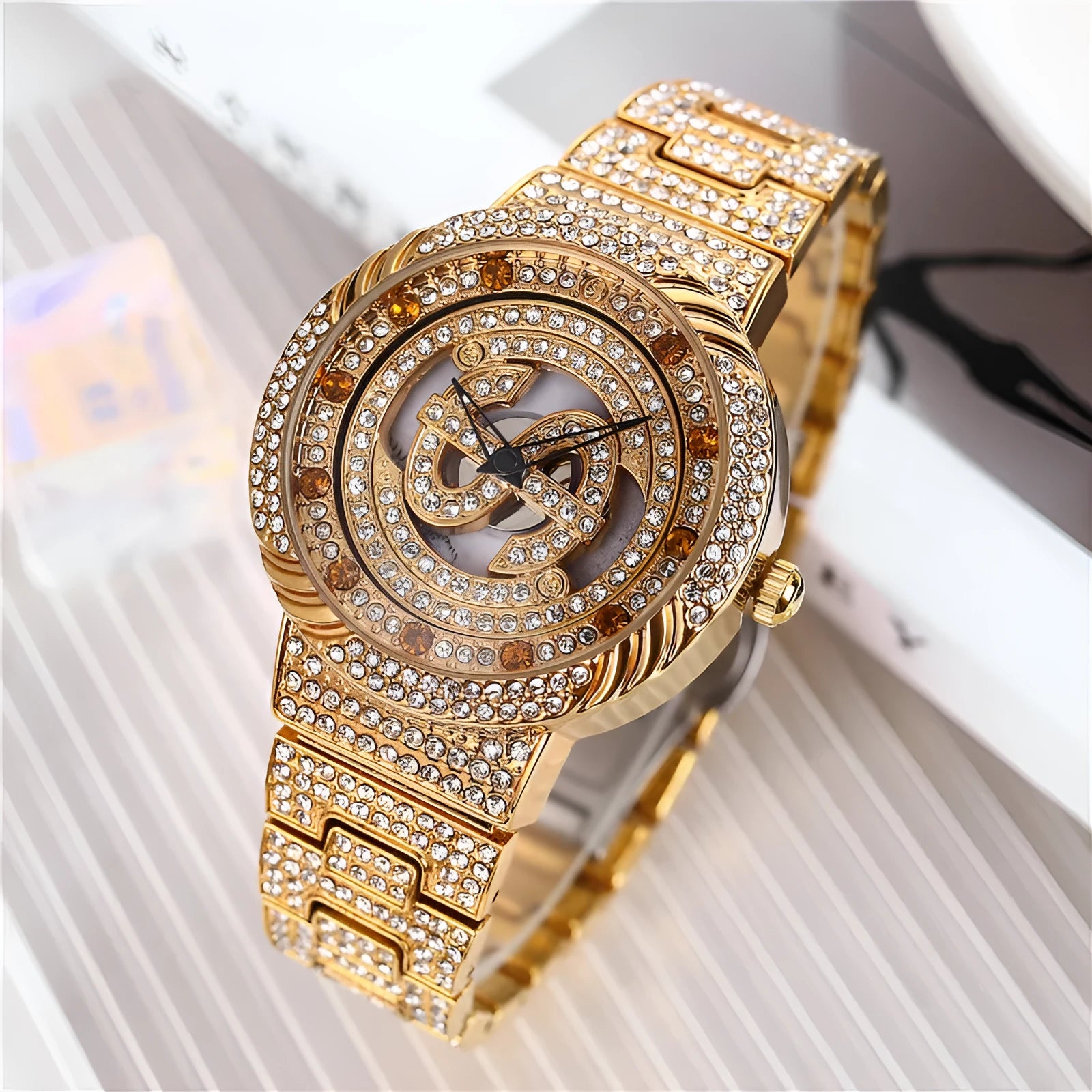Gold women's rotating dial quartz watch with diamond decoration, 28mm round metal case, cowhide strap, mineral glass