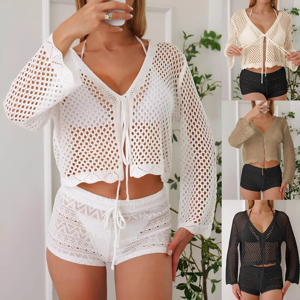 Short women's cardigan blouse with bell sleeves in hollow woven fabric, shown in black colour