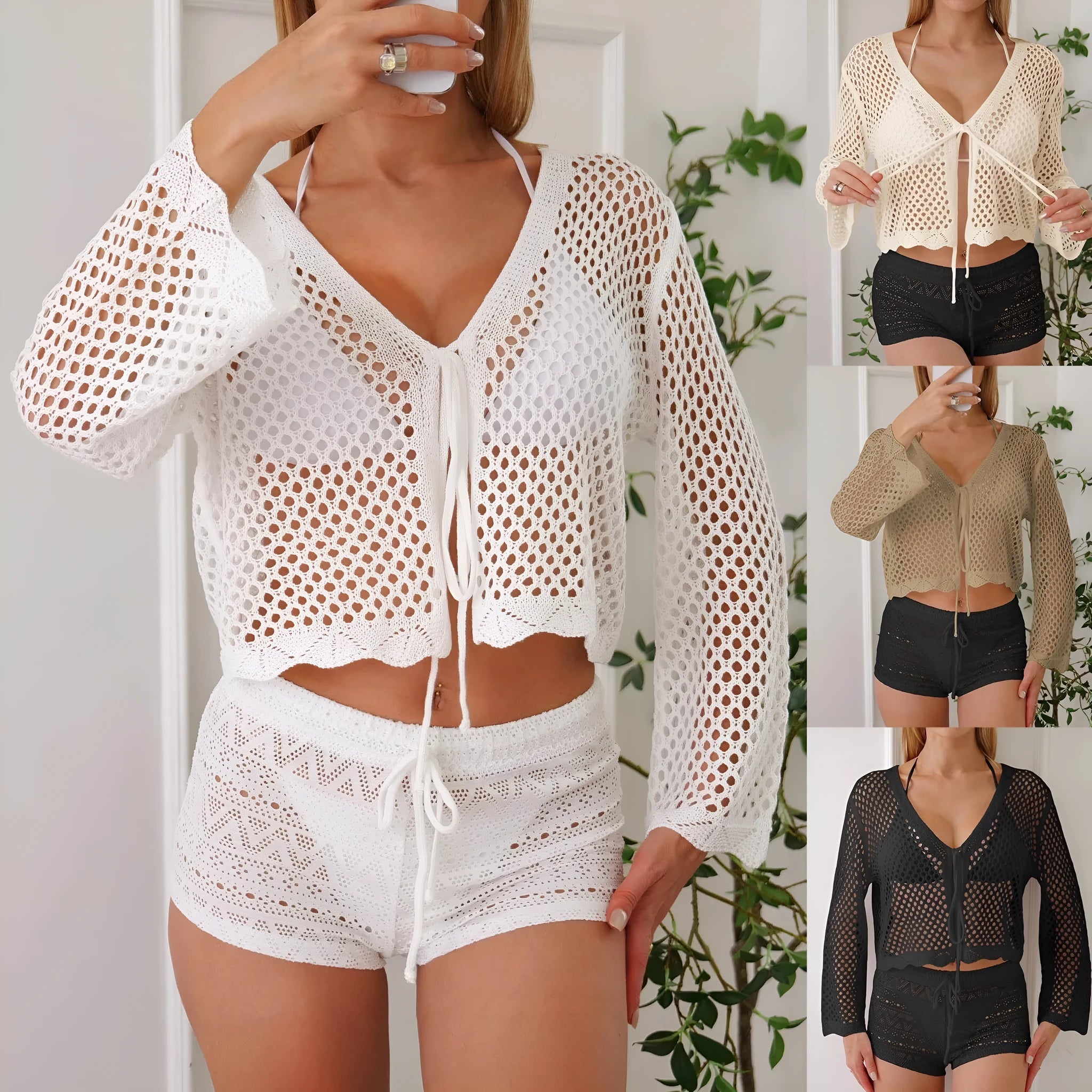 Short women's cardigan blouse with bell sleeves in hollow woven fabric, shown in black colour
