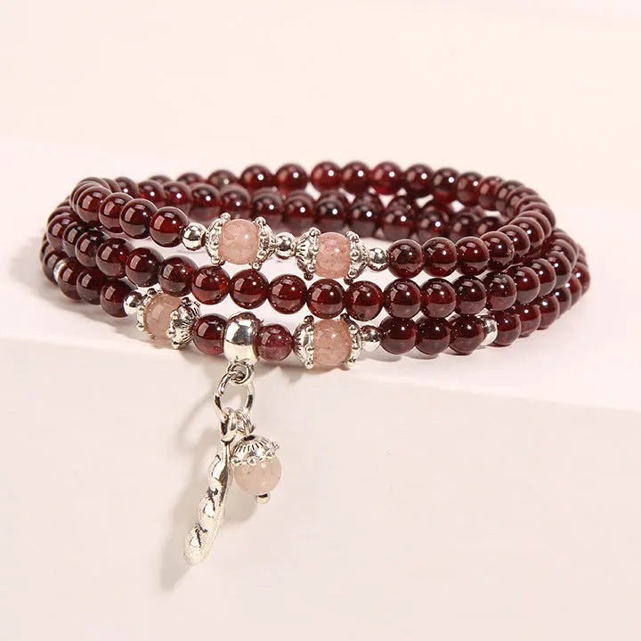 Women's wine red garnet crystal flower bracelet with bohemian ethnic styling