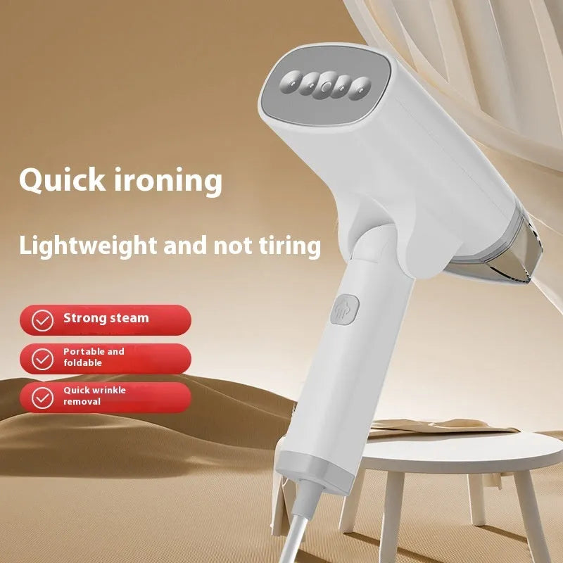 Blue and white handheld garment steamer with water tank and temperature control buttons