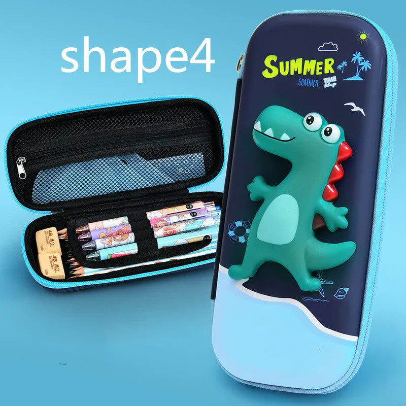 Hard EVA 3D decompression pencil case in square shape with cartoon dinosaur design.