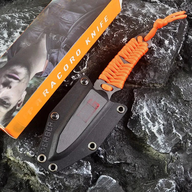 Camping survival knife with rope-wrapped handle and ABS sheath showing blade and full length