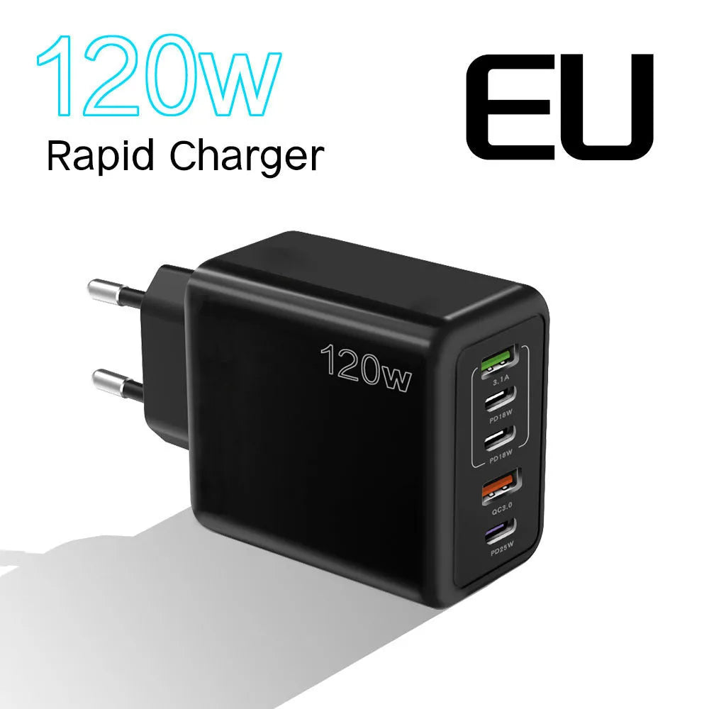 120W multi-port fast charger with five USB ports in white colour and UK three-pin plug