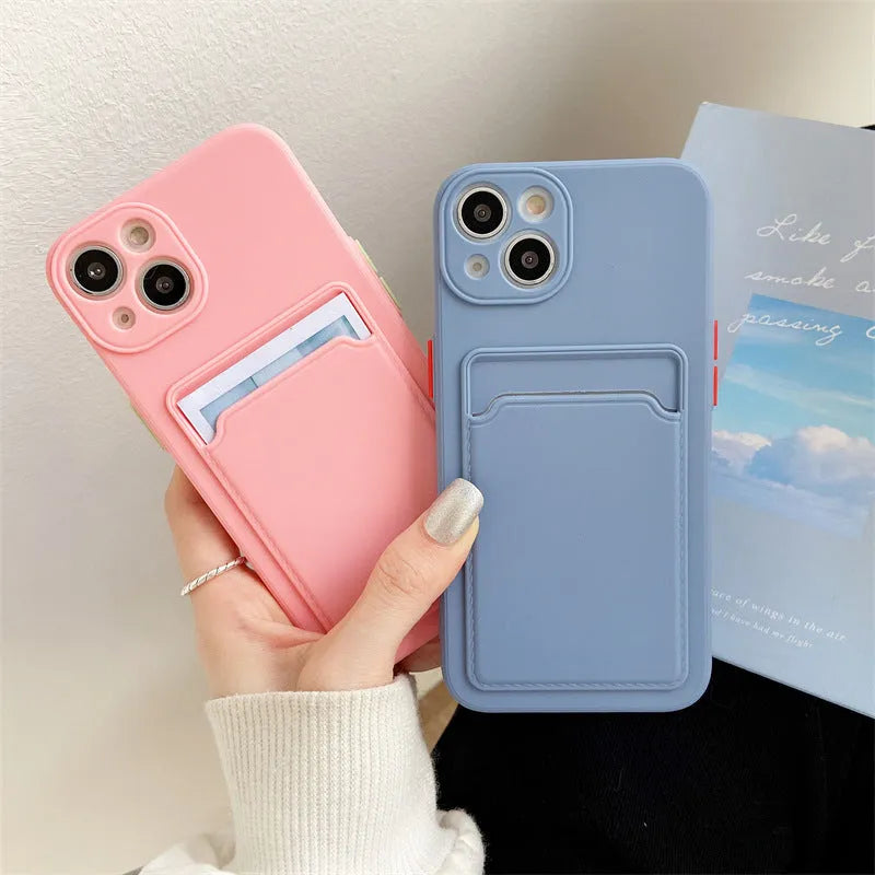 Sky blue colour-blocking silicone iPhone case with a visible card slot on the back