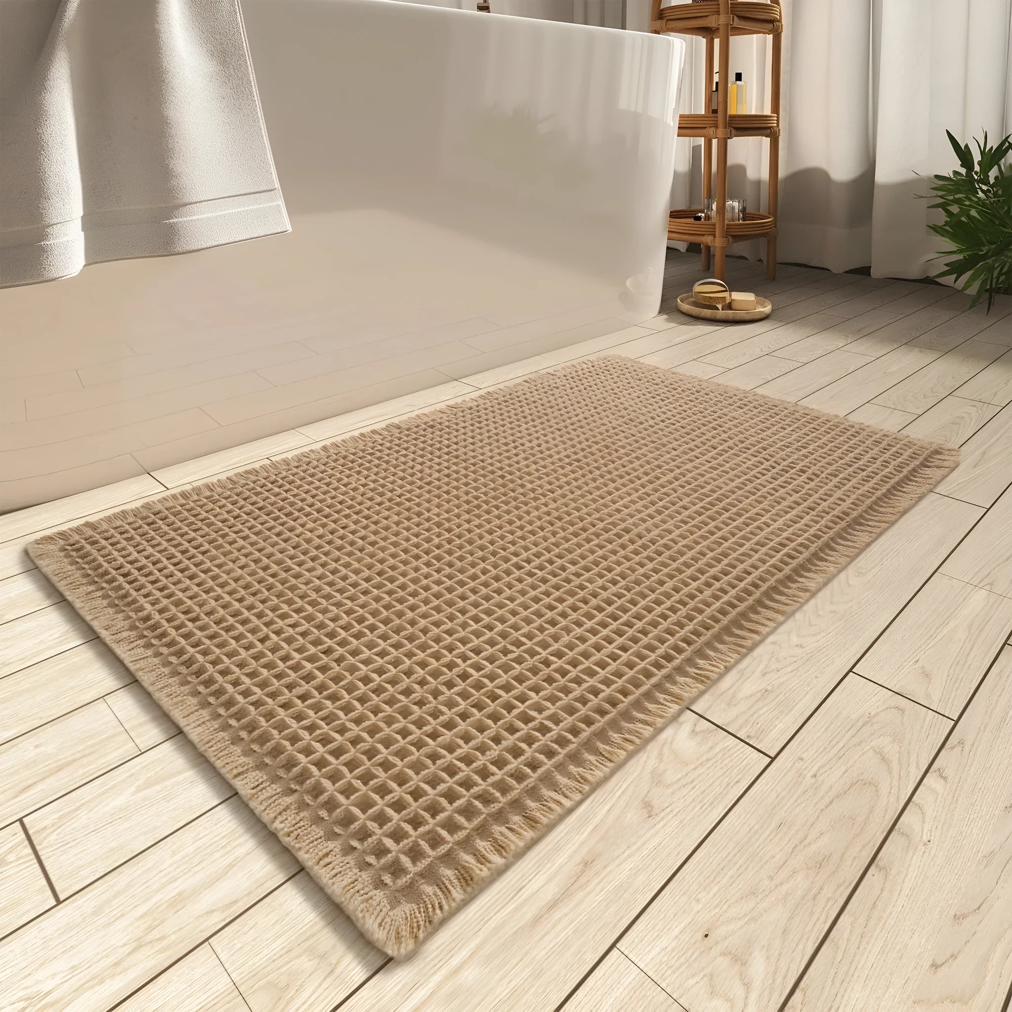 Checkered non-slip polyester bathroom floor carpet in a neutral colour on tiled floor.