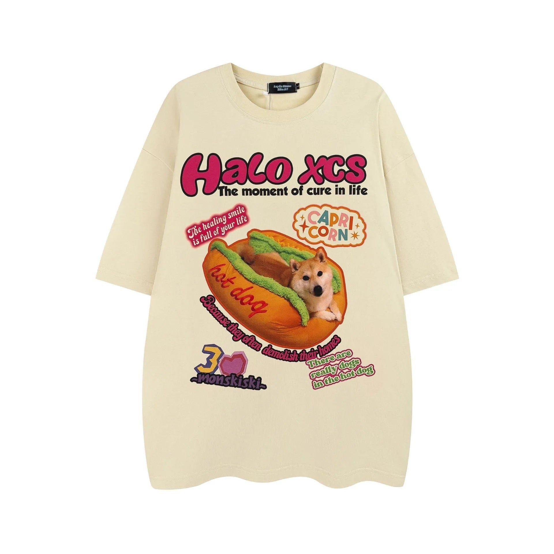 Cartoon hamburger dog printed loose fit cotton T-shirt in white, apricot, or sky blue.