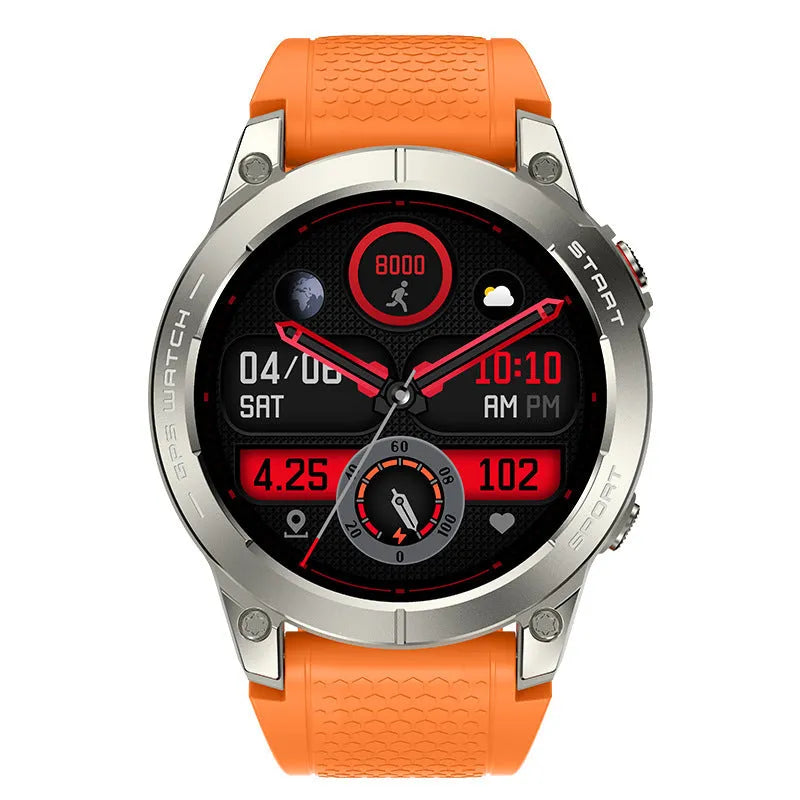 S53 black and orange outdoor GPS smartwatch with silicone strap on a wrist