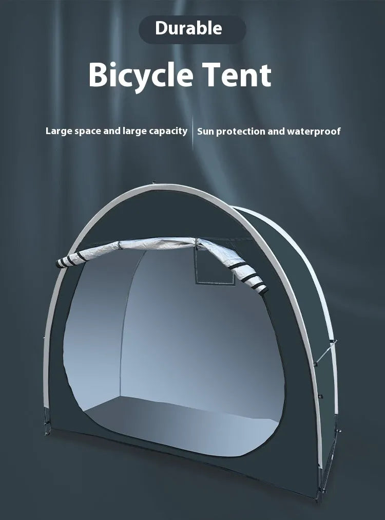 Large black outdoor bicycle storage tent with roof design, shown with dimensions 185x65x165cm.