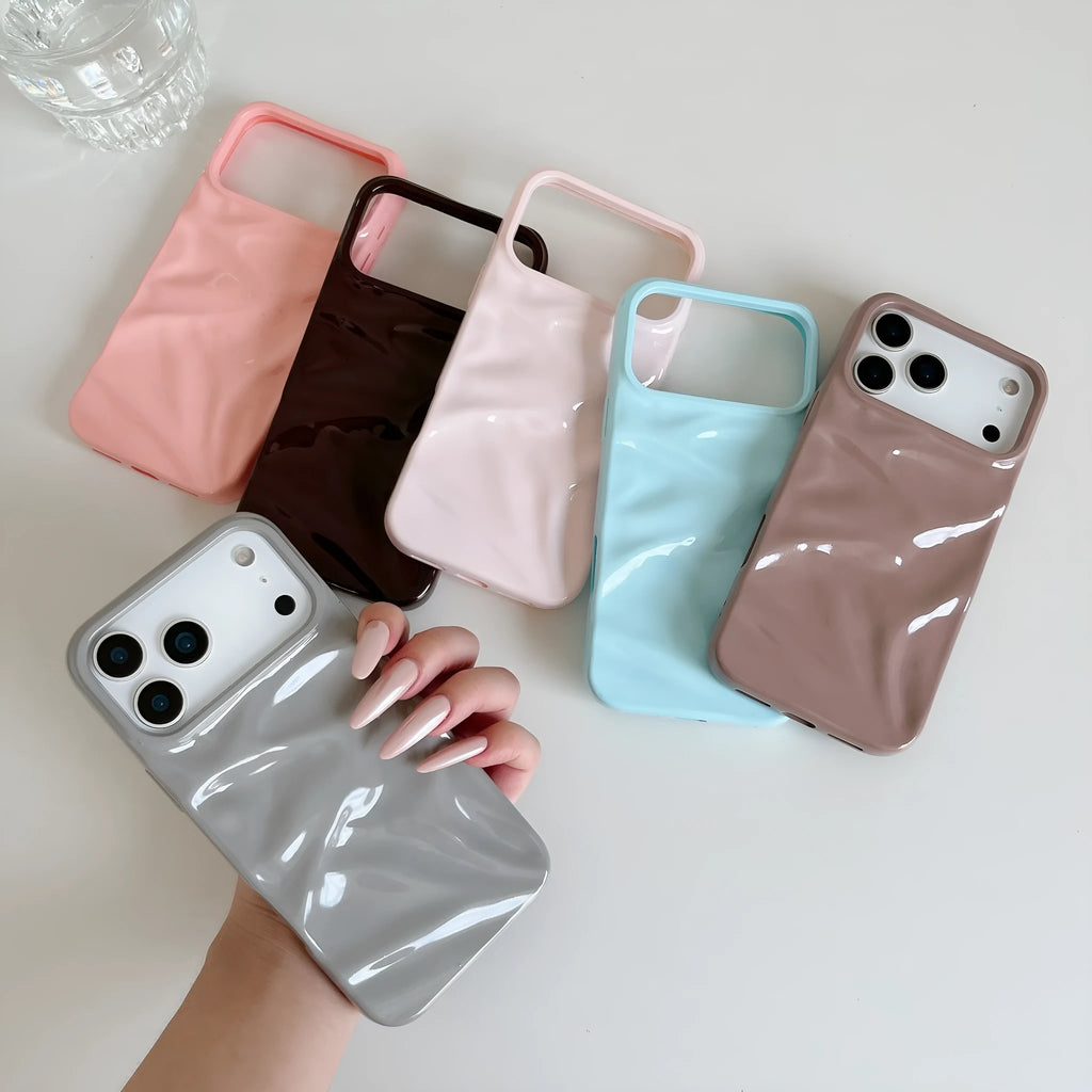 Oil filled pleated PC soft shell phone case for iPhone showing texture and colour options