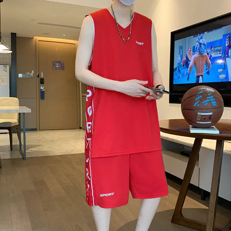 Men's basketball sports suit set showing sleeveless vest and matching shorts in polyester fabric