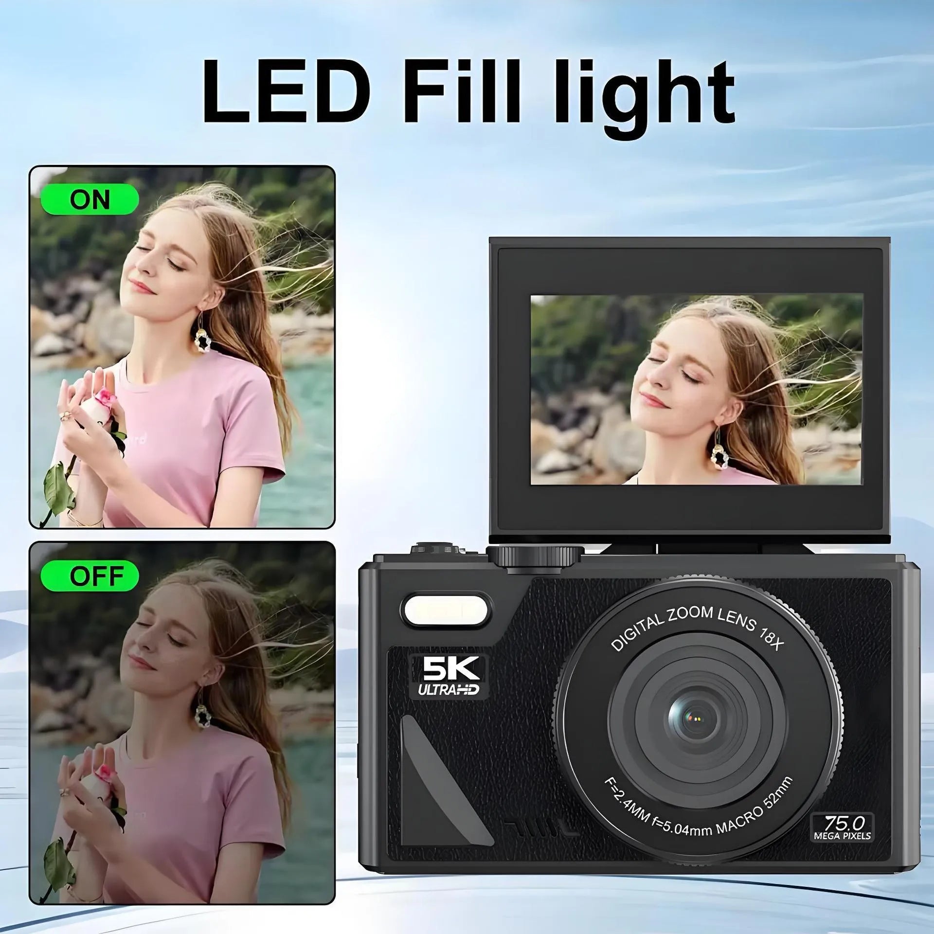 CCD camera HD digital camera with WiFi transmission in black, plastic body, Full HD screen
