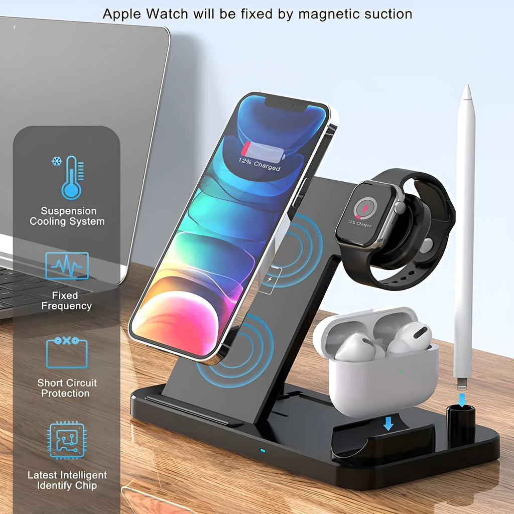 Black four-in-one wireless charging pad for mobile phones with included QC3.0 charging head.