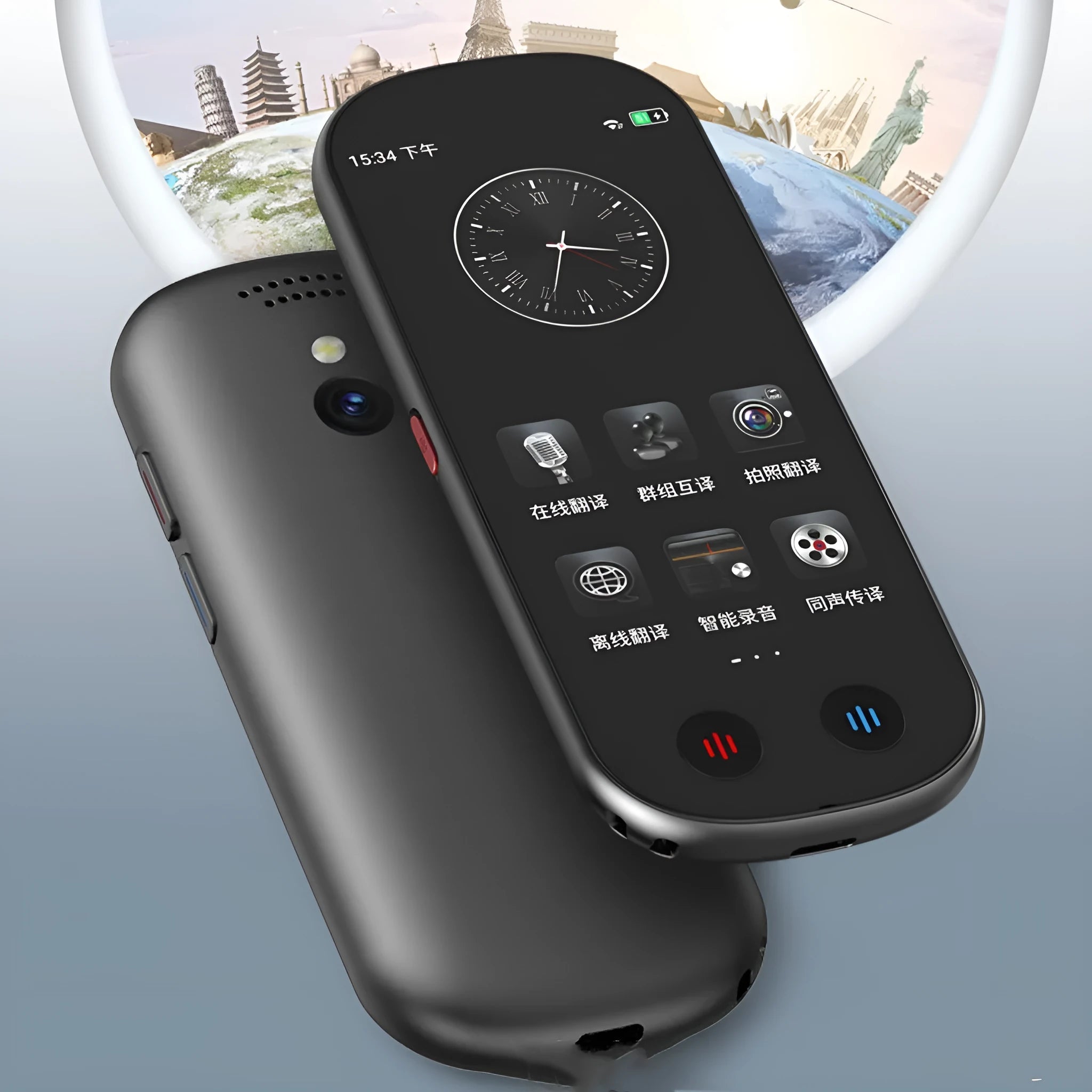 Black simultaneous interpretation translator device with lanyard and charging cable for business use.