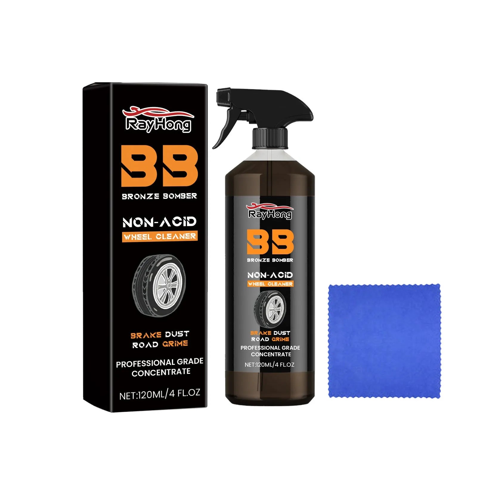 Car tyre cleaner kit with cleaning solution bottle and microfiber towel for alloy wheels