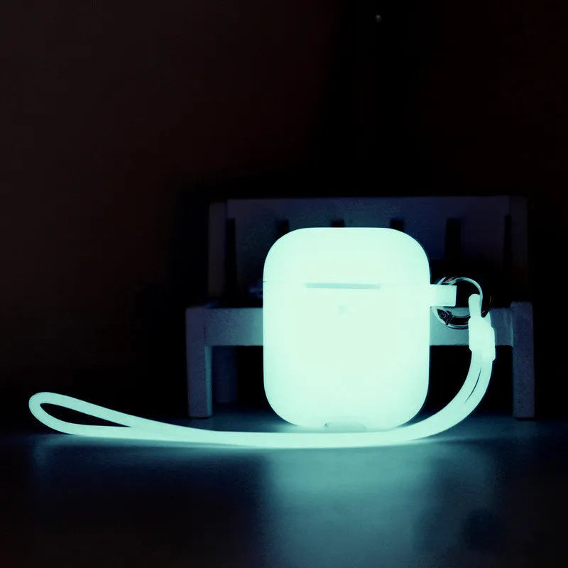 Luminous silicone AirPods case with integrated carrying strap in blue colour